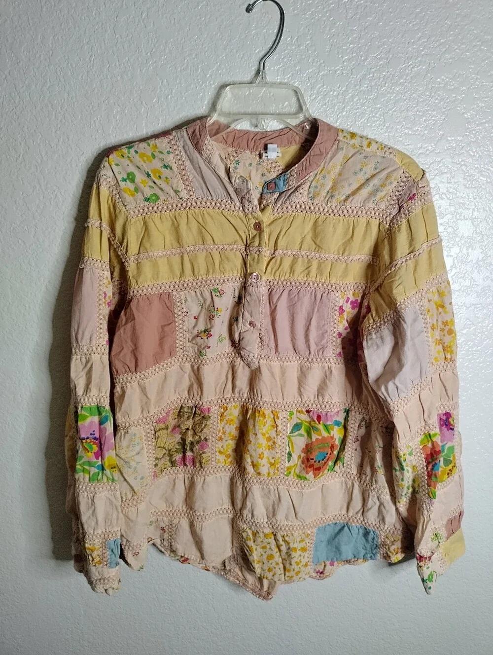 IVY JANE PATCHWORK PATTERNED Cottagecore Boho TOP IN PINK Sz L